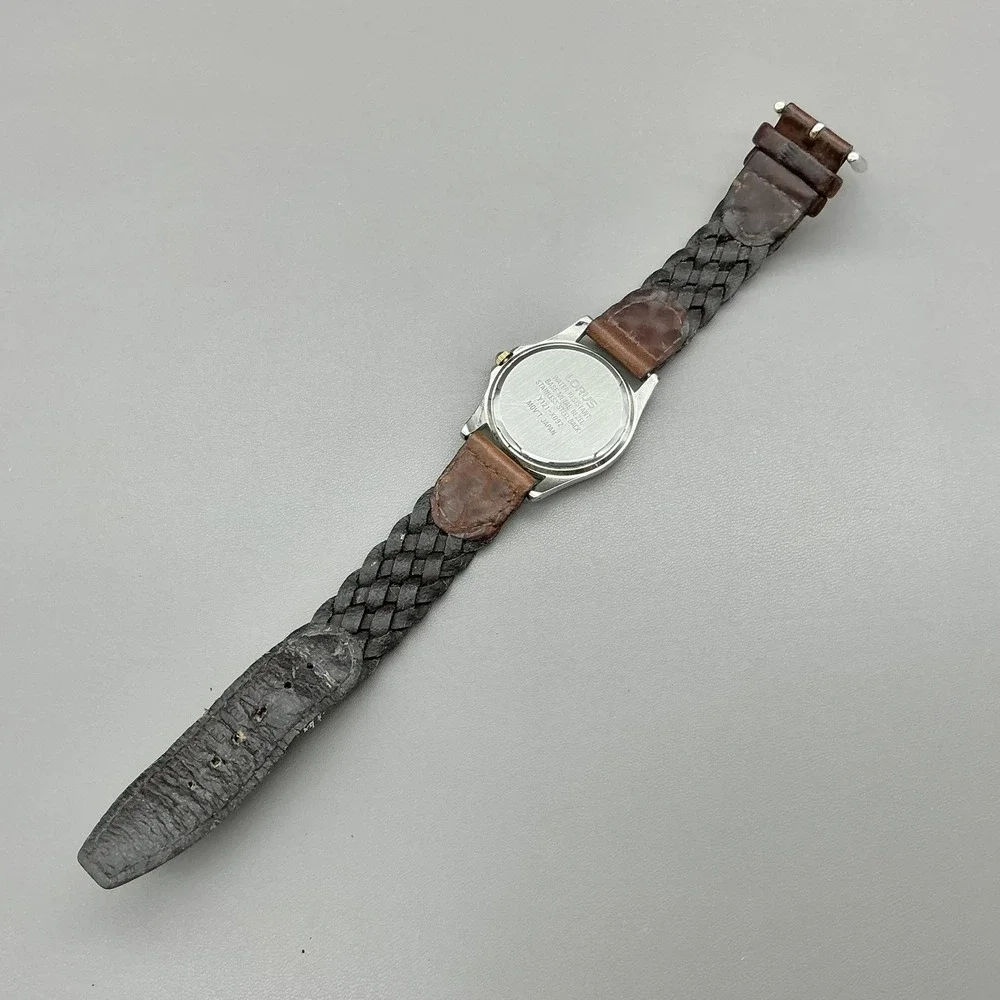 Vintage Lorus Womens Watch White Dial Brown Braided Leather Mickey Mouse Quartz
